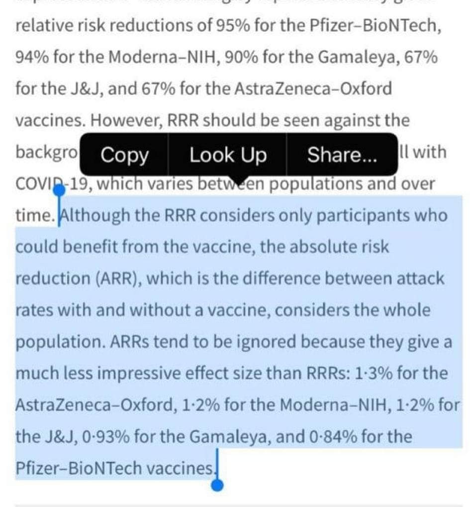 relative risk reductions of 95% for the Pfizer-BioNTech, 
94% for the Moderna-NlH, 90% for the Gamaleya, 67% 
for the J&J, and 67% for the AstraZeneca-Oxford 
vaccines. However, RRR should be seen against the 
backgro 
Il with 
Look Up 
Share... 
Copy 
COVI 19, which varies betw en populations and over 
time. Ithough the RRR considers only participants who 
could benefit from the vaccine, the absolute risk 
reduction (ARR), which is the difference between attack 
rates with and without a vaccine, considers the whole 
population. ARRs tend to be ignored because they give a 
much less impressive effect size than RRRs: 1•3% for the 
AstraZeneca-Oxford, 1•2% for the Moderna-NlH, 1•2% for 
the J&J, for the Gamaleya, and for the 
Pfizer-BioNTech vaccines 